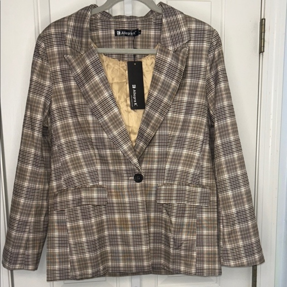 Allegra K Women's Plaid Blazer - Brown and Cream New With Tag Size Large